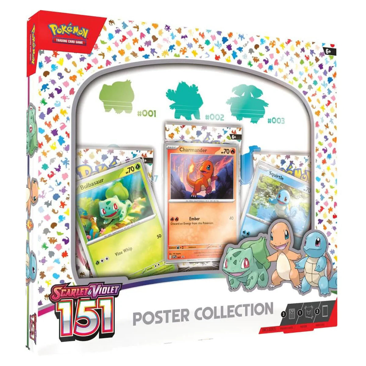 Pokemon TCG Scarlet & Violet 151 Poster Collection - front of box with Bulbasaur, Charmander and Squirtle promo cards