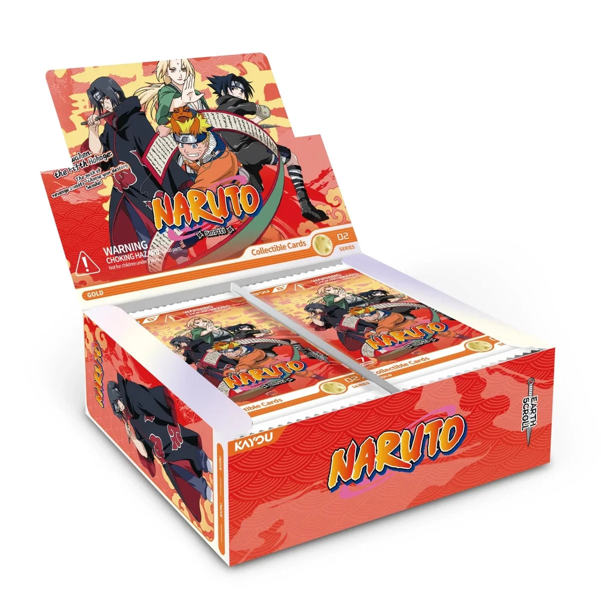 Naruto Kayou Earth Scroll Series 2 booster box (NA), Gold edition display box featuring Naruto, Sasuke and Itachi