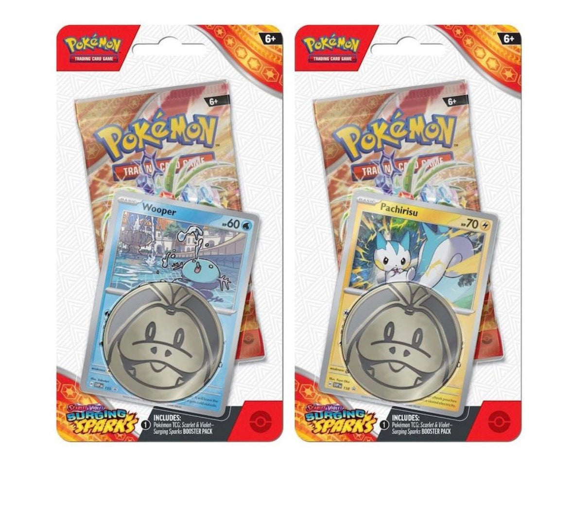 Pokemon TCG Scarlet & Violet - Surging Sparks checklane blisters with Wooper and Pachirisu foil promos and coins