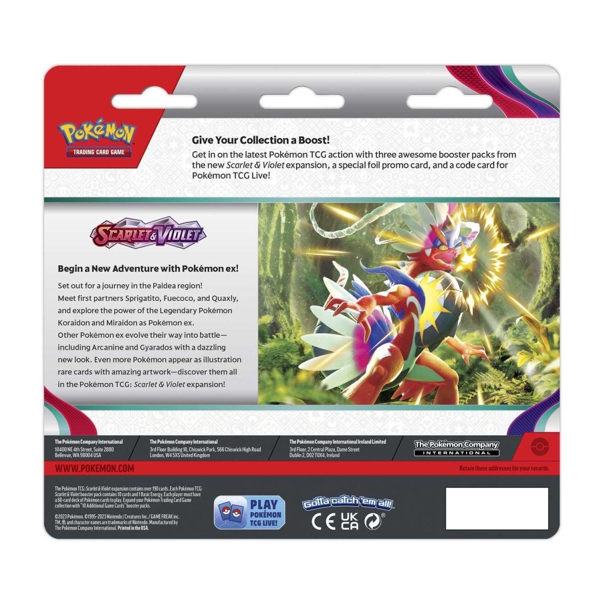 Pokemon TCG Scarlet & Violet Arcanine 3-pack blister, back view
