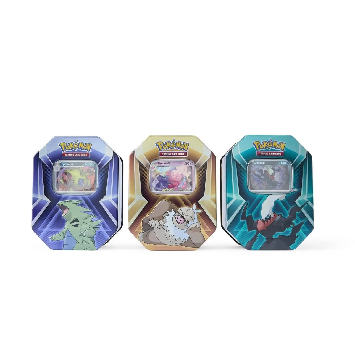 Pokemon TCG Triple Whammy Tins featuring Tyranitar, Tinkatuff and Darkrai